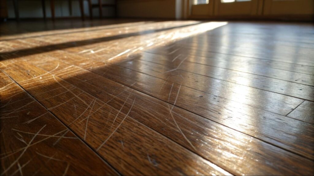 a-view-of-fine-scratches-on-the-hardwood-the-texture-visible-in-the-sunlight-creating-a-pattern-of-light-and-shadow-across-the-surface