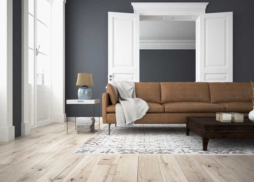 Living Room with Grey Walls and Wood Floors