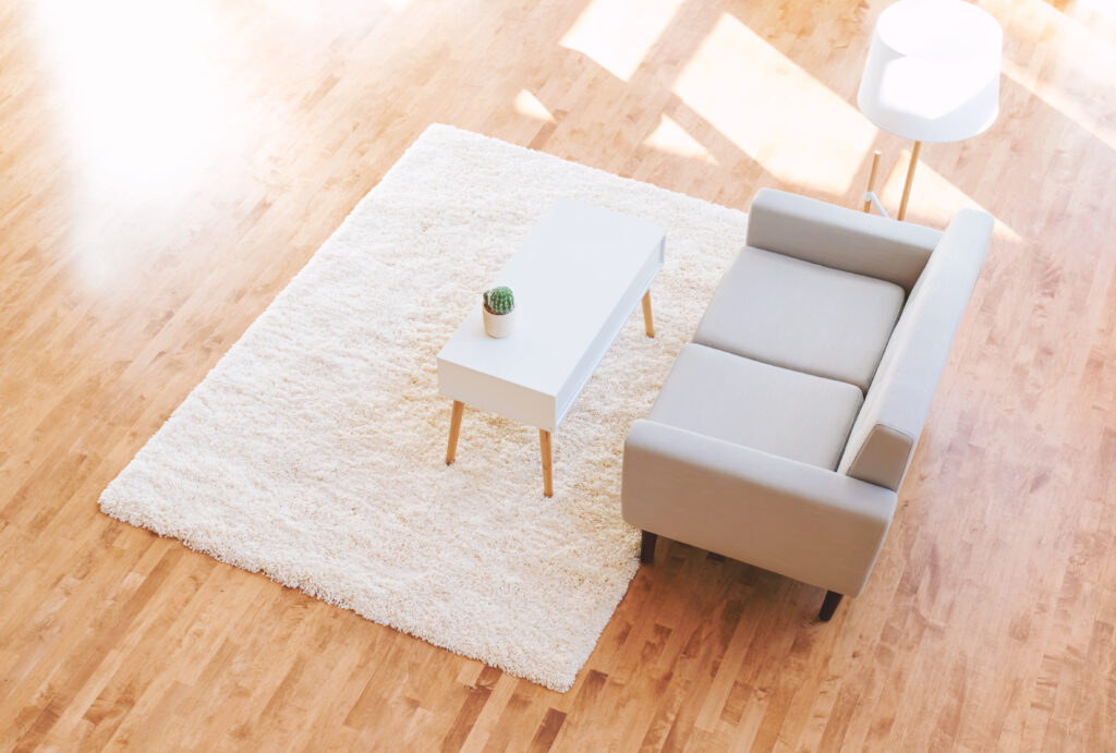 living room with wood floors and gray couch