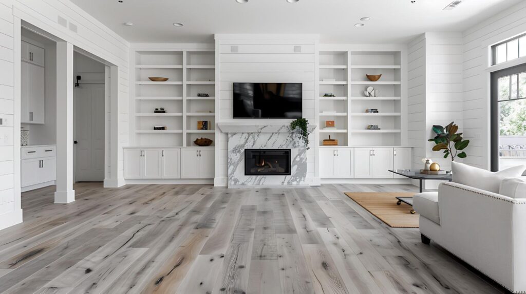 elegant-white-farmhouse-style-living-room-with-ash-gray-hardwood-floors-white-shiplap-walls-a-marble-fireplace-and-built-in-units-