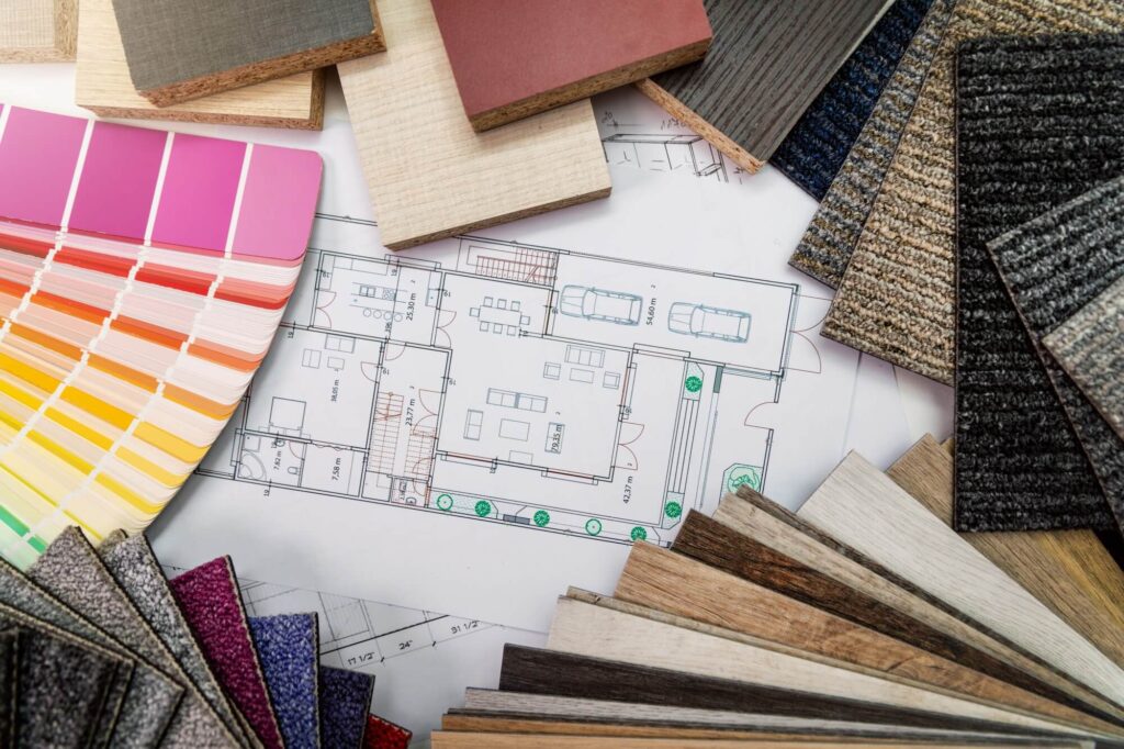 interior-design-materials-and-color-samples-with-floor-plan-blueprint