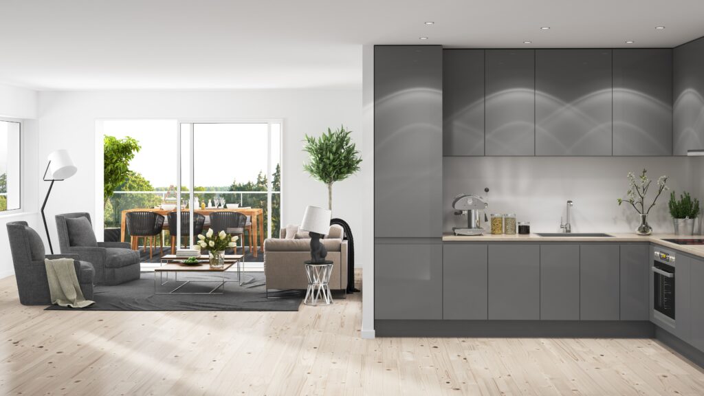 grey modern kitchen with wood flooring