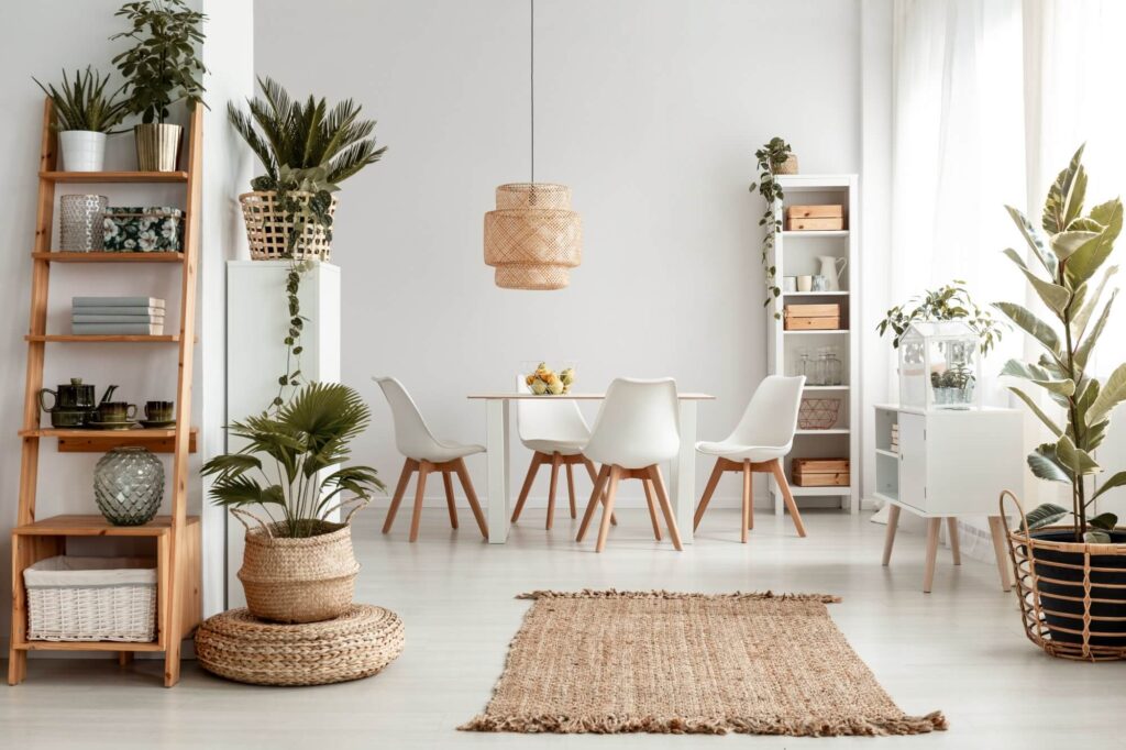 plants-on-shelves-and-rug-in-white-apartment-interior-with-chairs-at-dining-table-under-lamp-real-photo