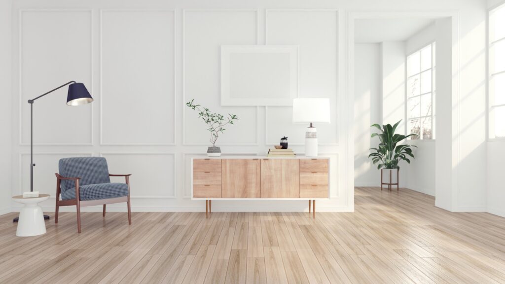 Modern minimal room with armchair and floor lamp, white sideboar