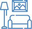 Blue icon with couch, lamp and picture frame