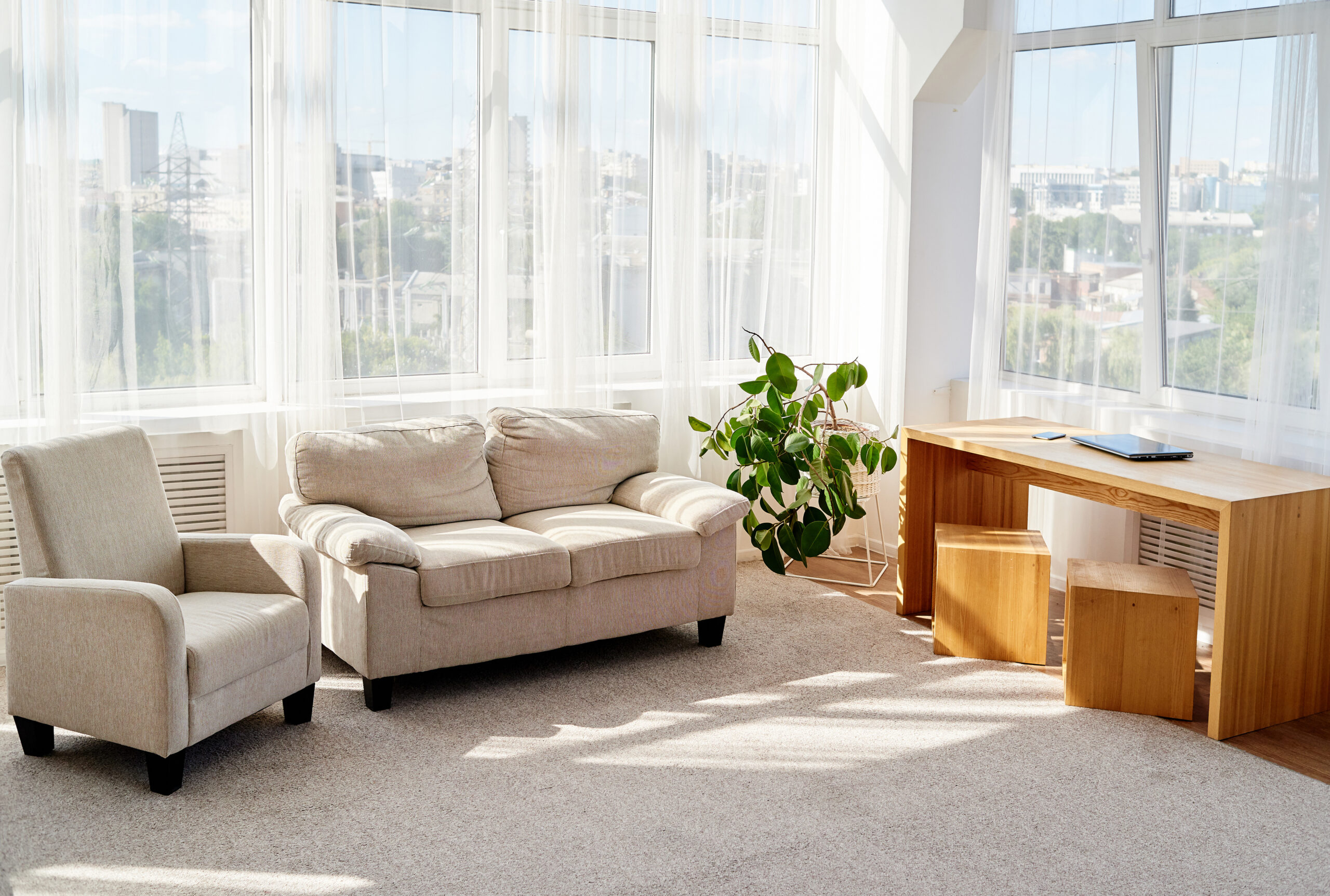Apartment with wood floors, rug and tan couch