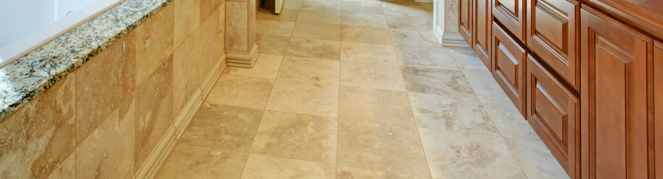 Up-close picture of tile floors in master bathroom