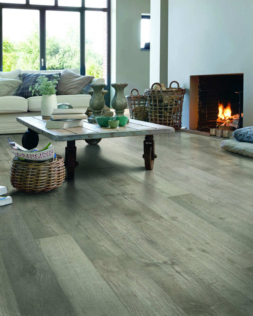 waterproof laminate in living room with fireplace