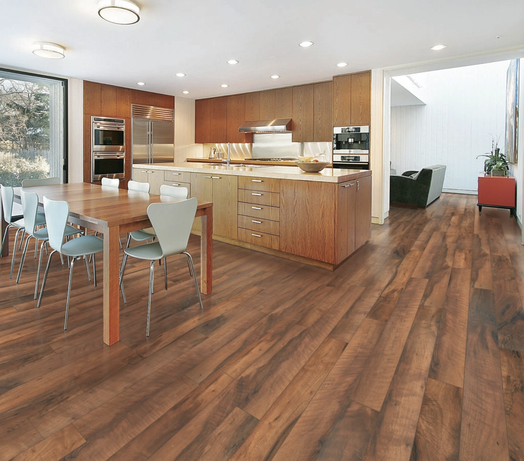 walnut waterproof laminate flooring in kitchen