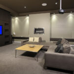 basement with dark carpet