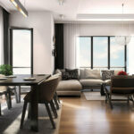 dining and living room with wood flooring