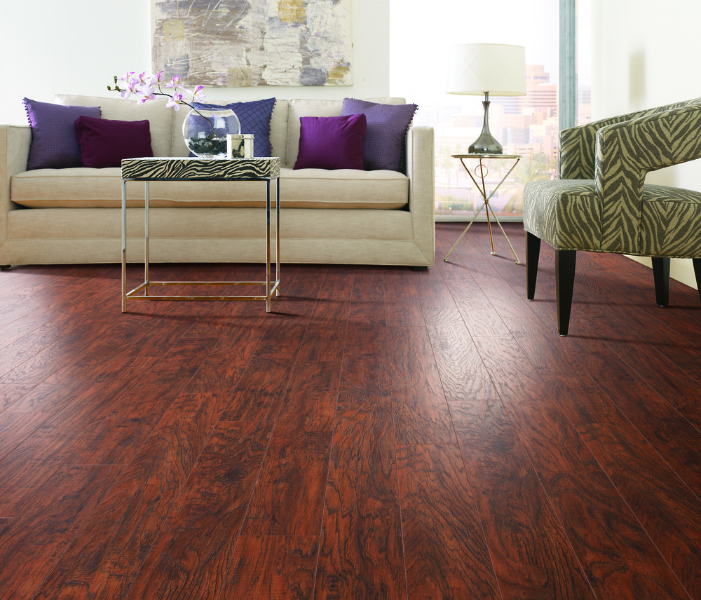 Hickory laminate floor with wood grain texture in a living room with modern furniture