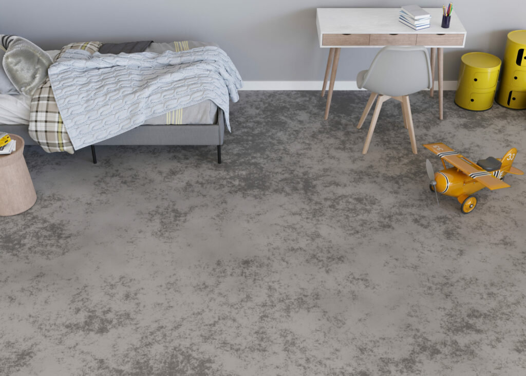 Mock up for carpet. Children room interior in contemporary style. Top view. Free, copy space on the floor for your carpet or rug design. Modern template. 3D rendering.