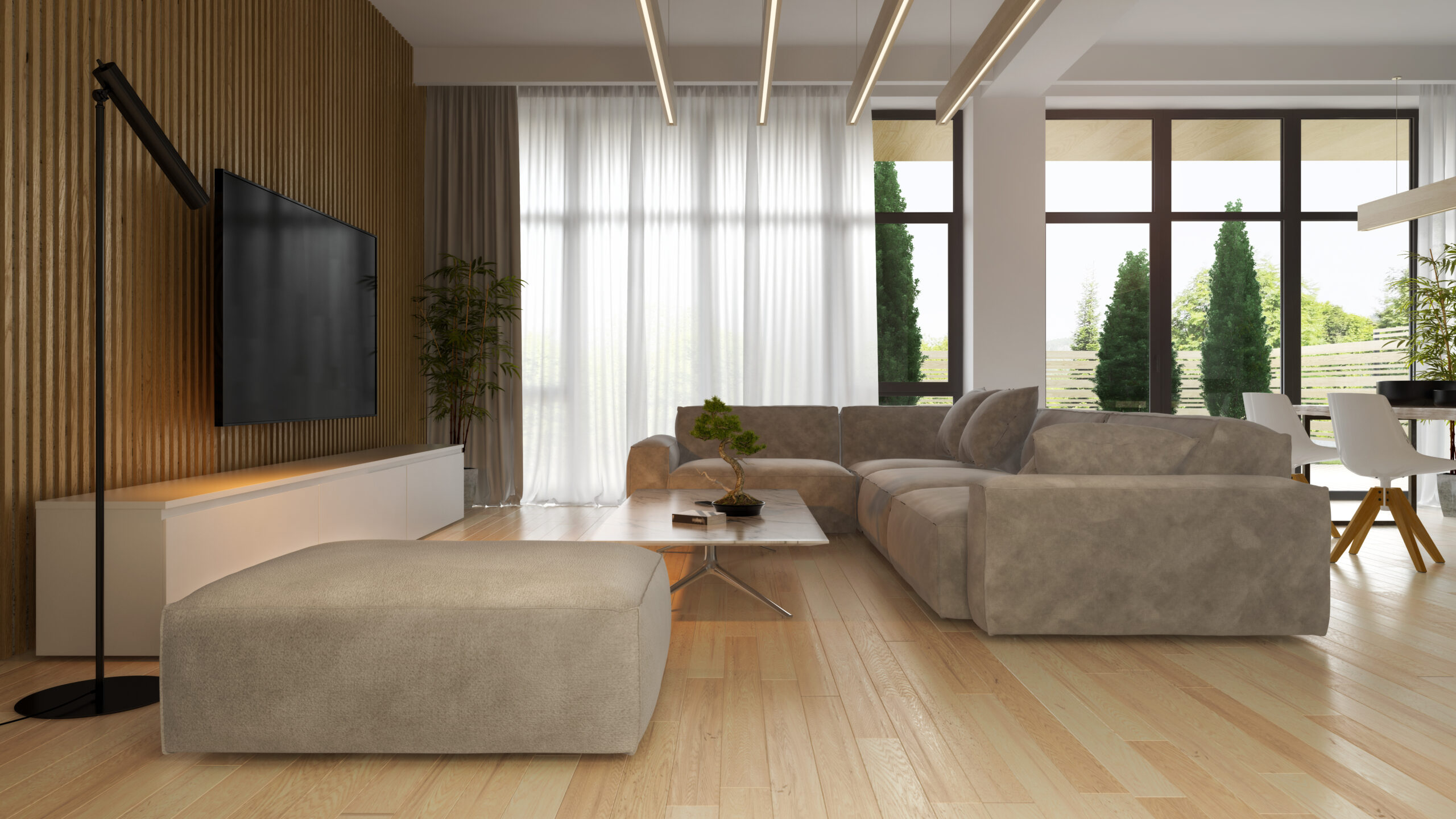 Interior of modern living room with sofa 3 D rendering