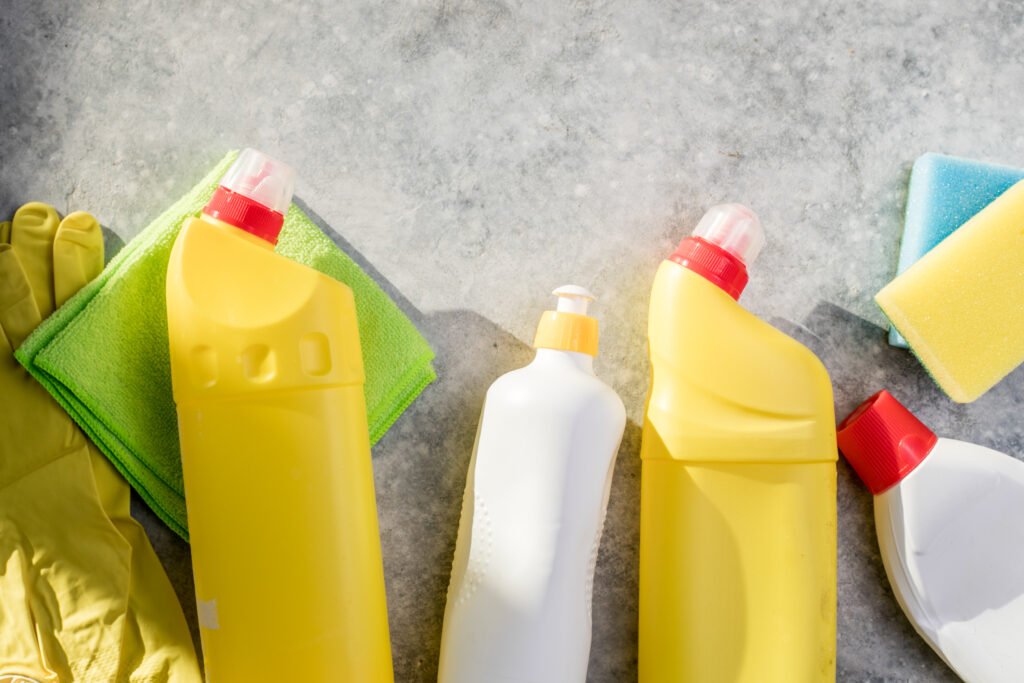 Cleaning products. Plastic chemical detergent bottles and equipm