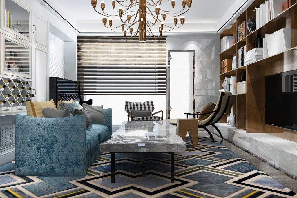 classic living room with geometric carpet