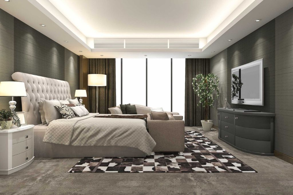 modern bedroom with geometric carpet