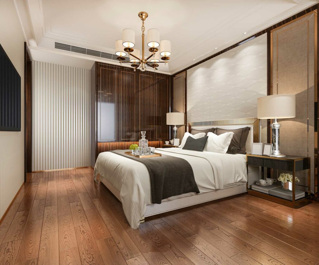luxury modern bedroom with engineered hardwood floor